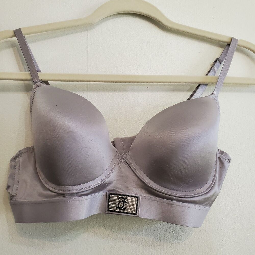 Juicy Couture Bra 34B Gray Sateen Rhinestone Logo Underwire Padded Pushup Molded